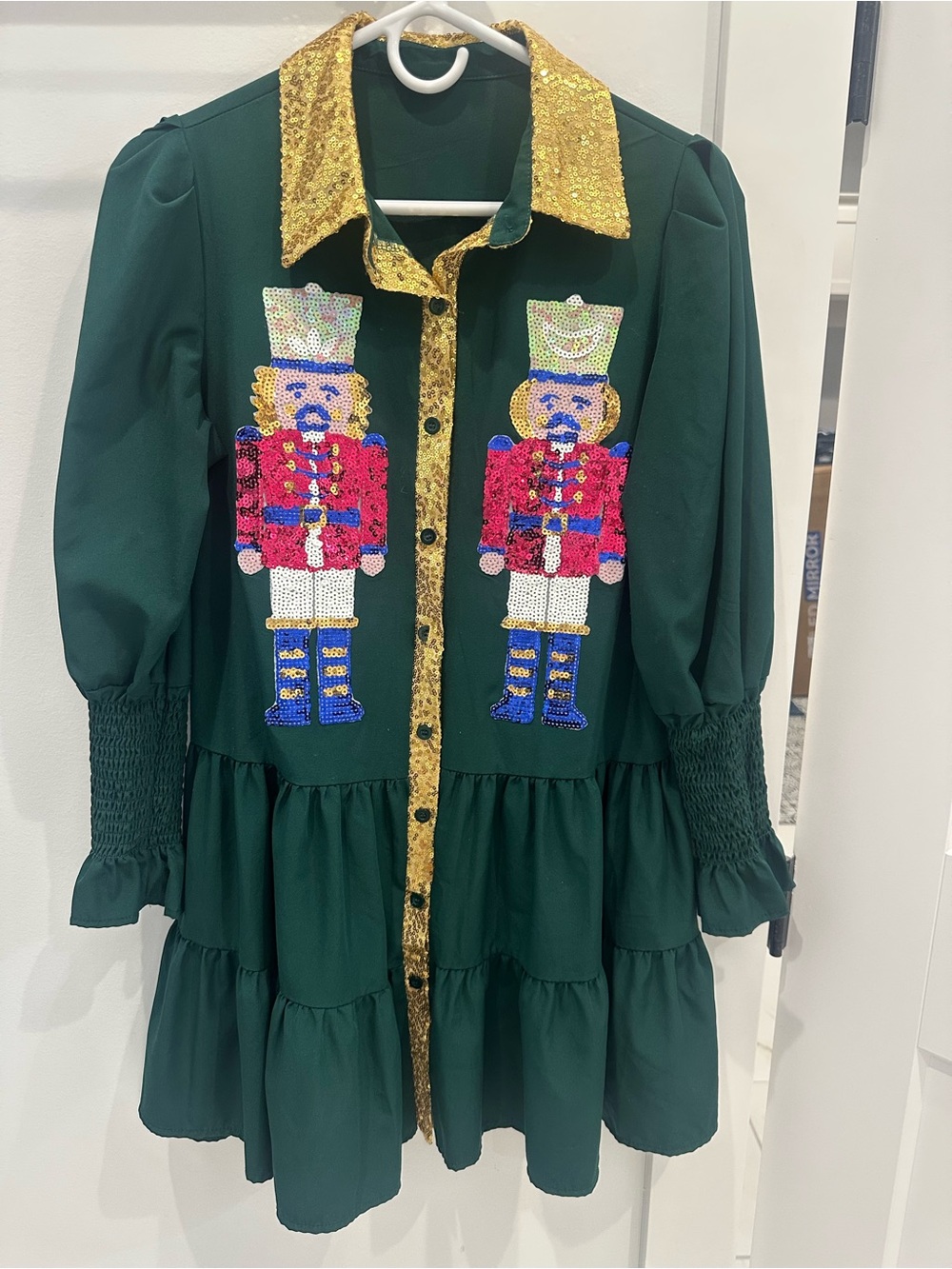 Girls' Green Sequin Nutcracker Tiered Dress with Gold Trim